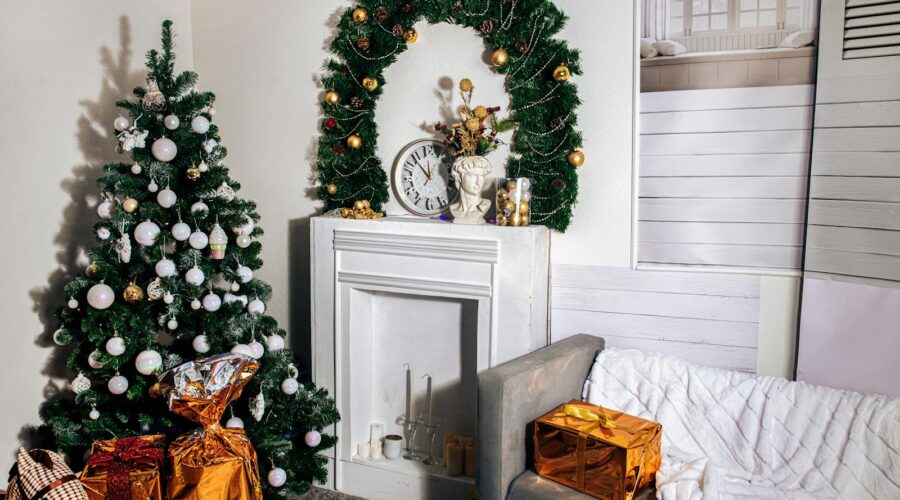 Cozy living room with a Christmas tree, gifts, and festive decor.