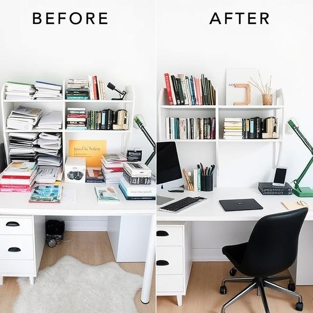 Before and after of a messy desk transforming into a tidy, minimalistic study area with neatly organized books, stationery, and a clean surface.